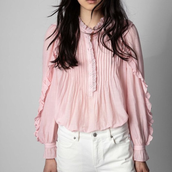 NWT Zadig Voltaire Timmy Tomboy Ruffled Lace Trim Shirt Blouse